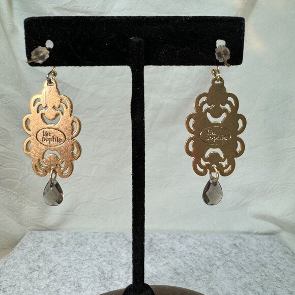 Vintage Lia Sophia Madeira Dangle Earrings Smoky Crystal Accents Teardrop Design - Picture 4 of 6